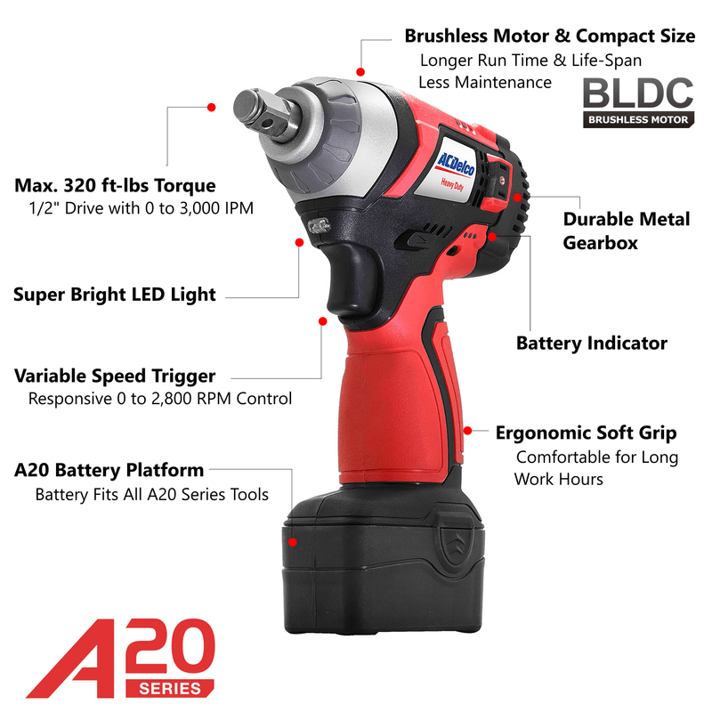 A20 series 20V Max Li-ion Brushless 1/2" Impact Wrench 1 Battery Image 3 - Durofix Tools