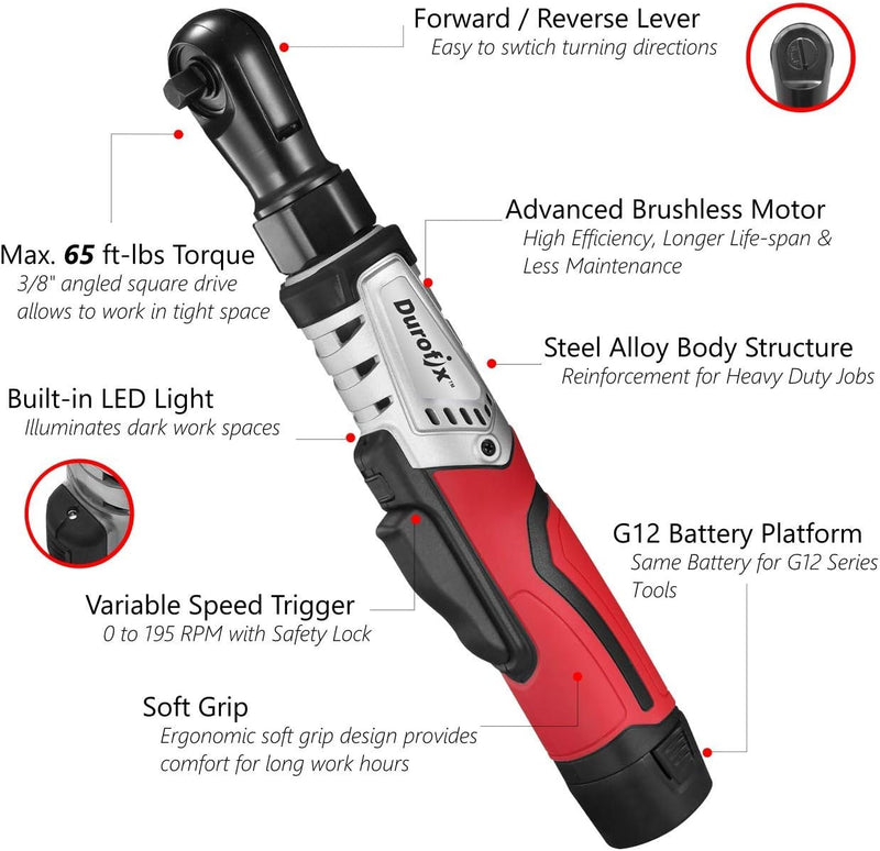 Durofix RW1210 - 3T G12 Series 12V Li - ion Cordless 3/8” 65 ft - lbs. Torque Brushless Ratchet Wrench Bare Tool Image 3 - Durofix Tools