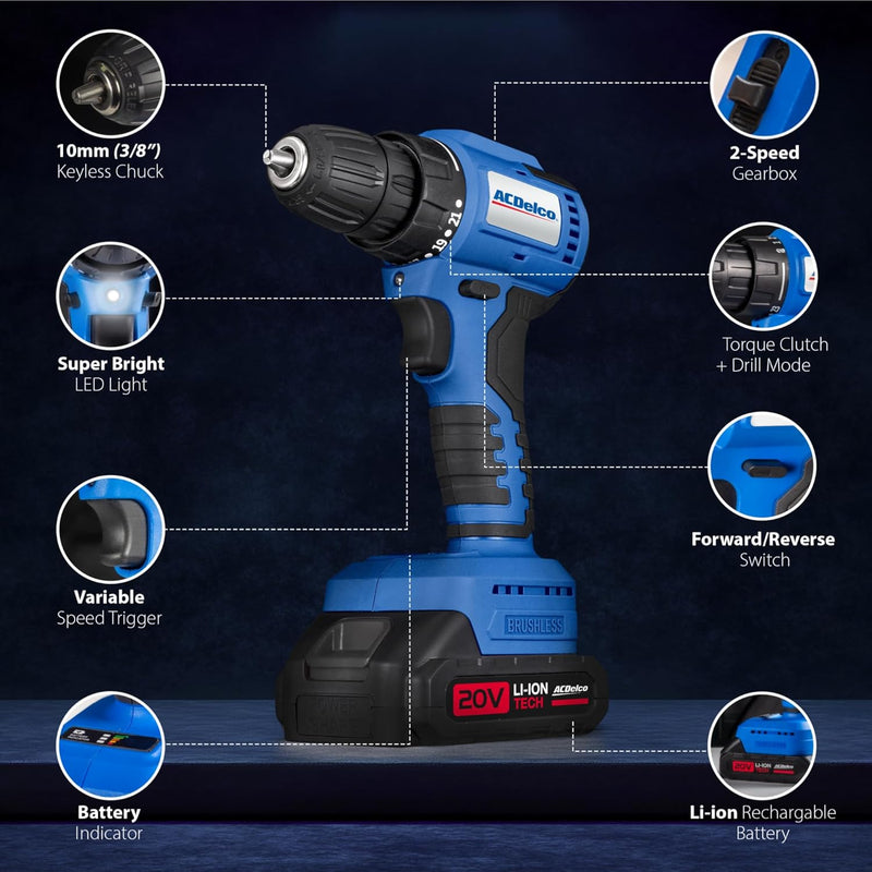 ACDelco ARI20132-K1 20V Cordless Drill, Impact Driver,Impact drill, 2 Tool Power Tool Combo Kit, Brushless Power Tool Set with 2 Batteries and Charger Included