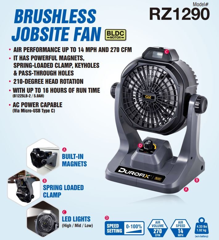 Durofix G12 Series RZ1290 - 2 - K11 12V Cordless 270CFM Portable Jobsite Fan with Rechargeable LED Lantern Work Light, 1 Battery & Charger Image 3 - Durofix Tools