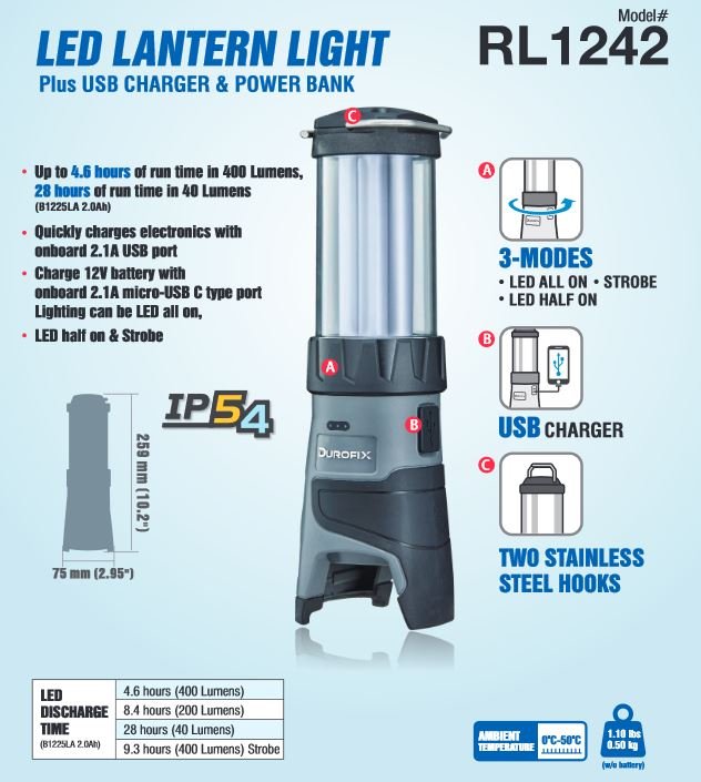 Durofix G12 Series RZ1290 - 2 - K11 12V Cordless 270CFM Portable Jobsite Fan with Rechargeable LED Lantern Work Light, 1 Battery & Charger Image 8 - Durofix Tools