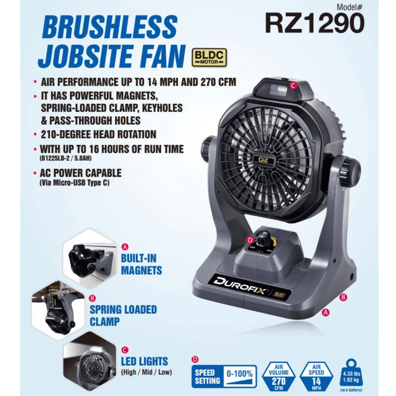 Durofix G12 Series RZ1290P 270CFM Brushless Jobsite Fan, Portable Fan 0 - 100% Speed Settings, Built - In Magnets & Hooks with LED Light & 2.0 Ah Battery / Charger Image 2 - Durofix Tools