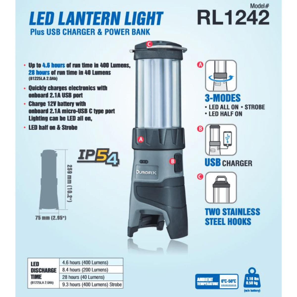 Durofix G12 Series RL1242T LED Lantern Light, 400LM Rechargeable Work Light with 3 Light Settings, USB Charger & Power Bank – BARE TOOL ONLY Durofix G12 Series RL1242T LED Lantern Light, 400LM Rechargeable Work Light with 3 Light Settings, USB Charger & Power Bank – BARE TOOL ONLY