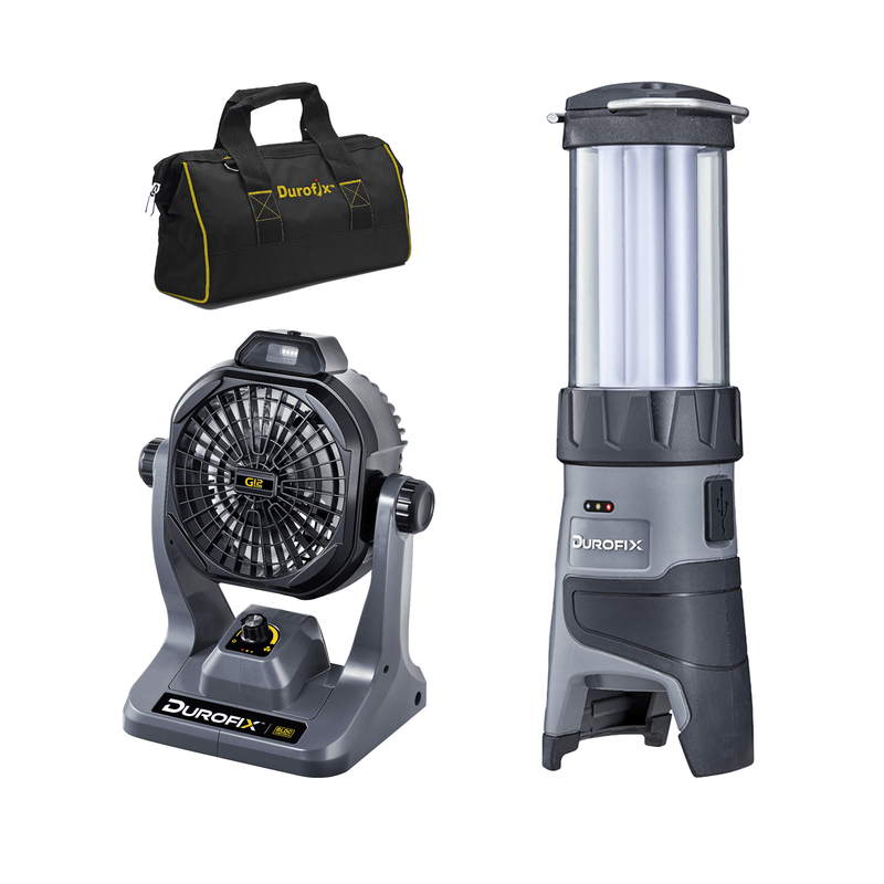 Durofix G12 Series RZ1290 - 2 - K11 12V Cordless 270CFM Portable Jobsite Fan with Rechargeable LED Lantern Work Light, 1 Battery & Charger Image 1 - Durofix Tools