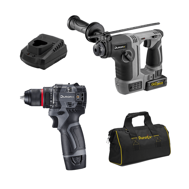 Durofix G12 Series RK12136 - 2 - K7 12V Cordless 3/8" Hammer Drill Power Tool Combo Kit with Compact Rotary Hammer Drill 1.3J Impact Energy, 1 Battery & Charger Image 1 - Durofix Tools