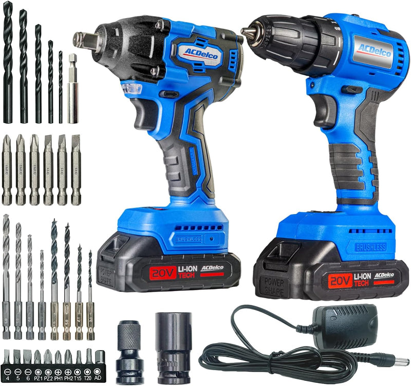 ACDelco ARI20132-K1 20V Cordless Drill, Impact Driver,Impact drill, 2 Tool Power Tool Combo Kit, Brushless Power Tool Set with 2 Batteries and Charger Included