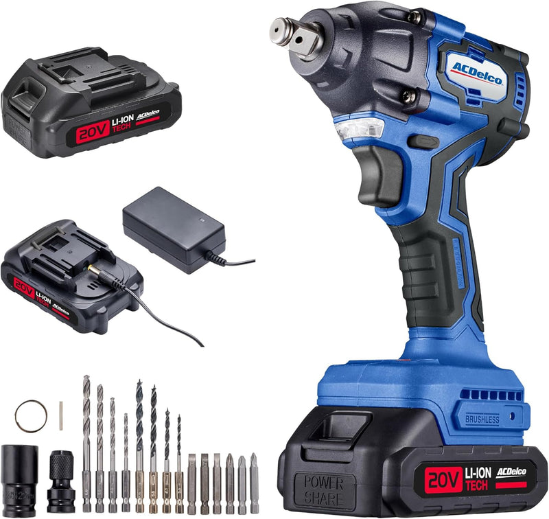 ACDelco ARI20132P 20V Brushless 1/2" Impact Wrench, Cordless Impact Wrench, 251 Ft-lbs (350Nm) Brushless 1/2 Inch Impact Wrench, 2600RPM High Torque Impact Gun,1x2.0Ah Batteries Electric Impact