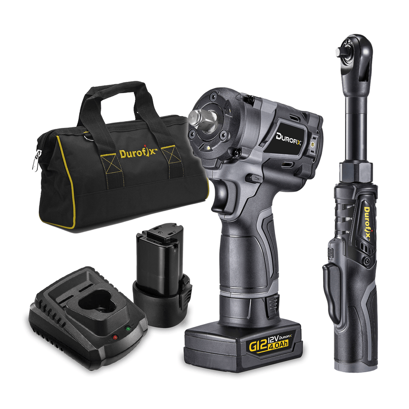 G12 Series 12V Cordless Li-ion 1/2" Drive Impact Wrench & 3/8" Drive Extended Ratchet Wrench Tool Kit with 2 Batteries Image 1 - Durofix Tools