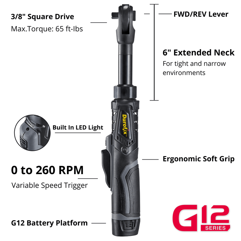 G12 Series 12V Cordless Li-ion 1/2" Drive Impact Wrench & 3/8" Drive Extended Ratchet Wrench Tool Kit with 2 Batteries Image 2 - Durofix Tools