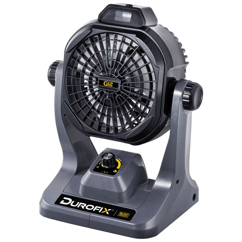 Durofix G12 Series RZ1290P 270CFM Brushless Jobsite Fan, Portable Fan 0 - 100% Speed Settings, Built - In Magnets & Hooks with LED Light & 2.0 Ah Battery / Charger Image 1 - Durofix Tools