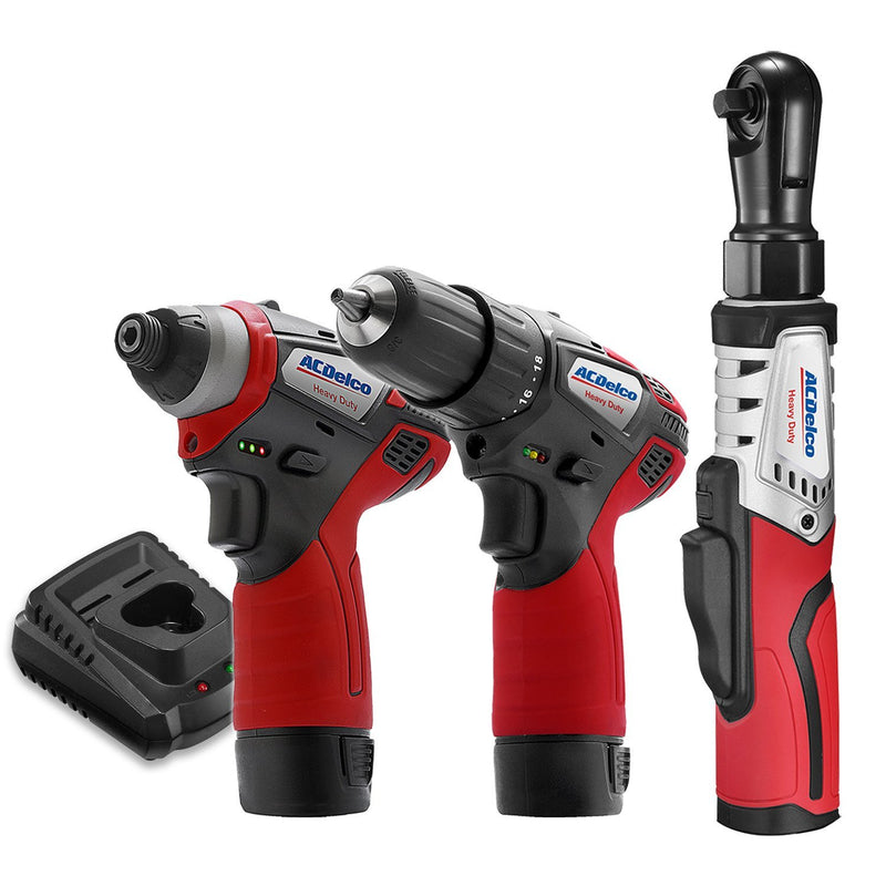 G12 Series 12V Cordless Li-ion 1/4" Impact Driver, 3/8" Drill Driver & Brushless Ratchet Wrench Combo Tool Kit with 2 Batteries
