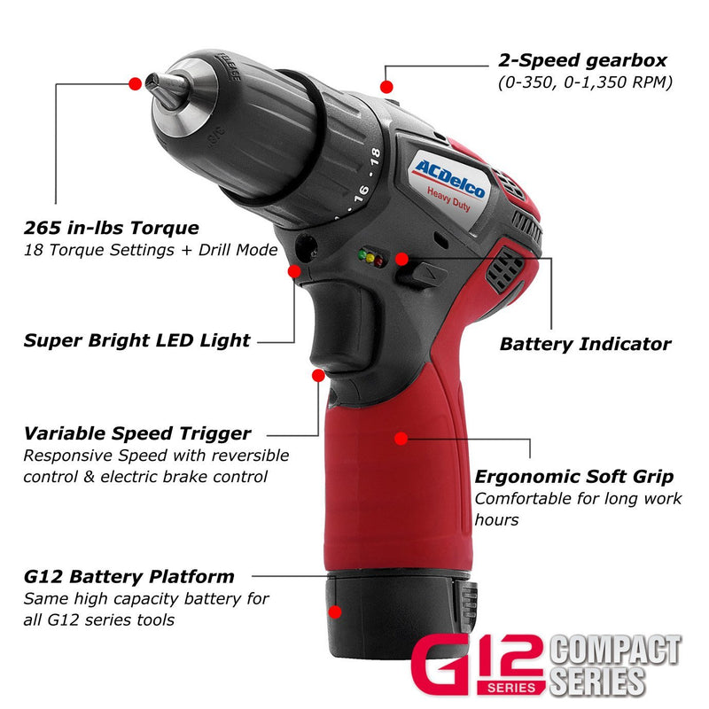 G12 Series 12V Cordless Li-ion 3/8" 265 In-lbs. Drill Driver Tool Kit Image 4 - Durofix Tools