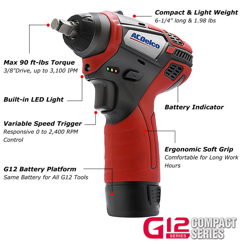 G12 Series 12V Cordless Li-ion 3/8" 90 ft-lbs. Impact Wrench Tool Kit Image 4 - Durofix Tools