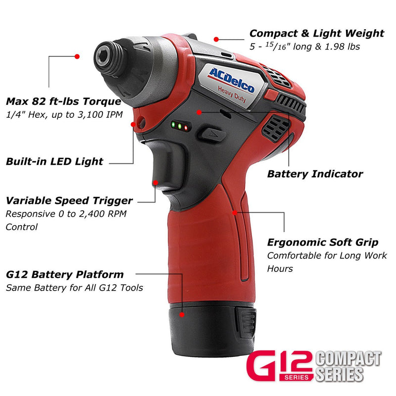 G12 Series 12V Cordless Li-ion 1/4" 82 ft-lbs. Impact Driver Tool Kit Image 4 - Durofix Tools