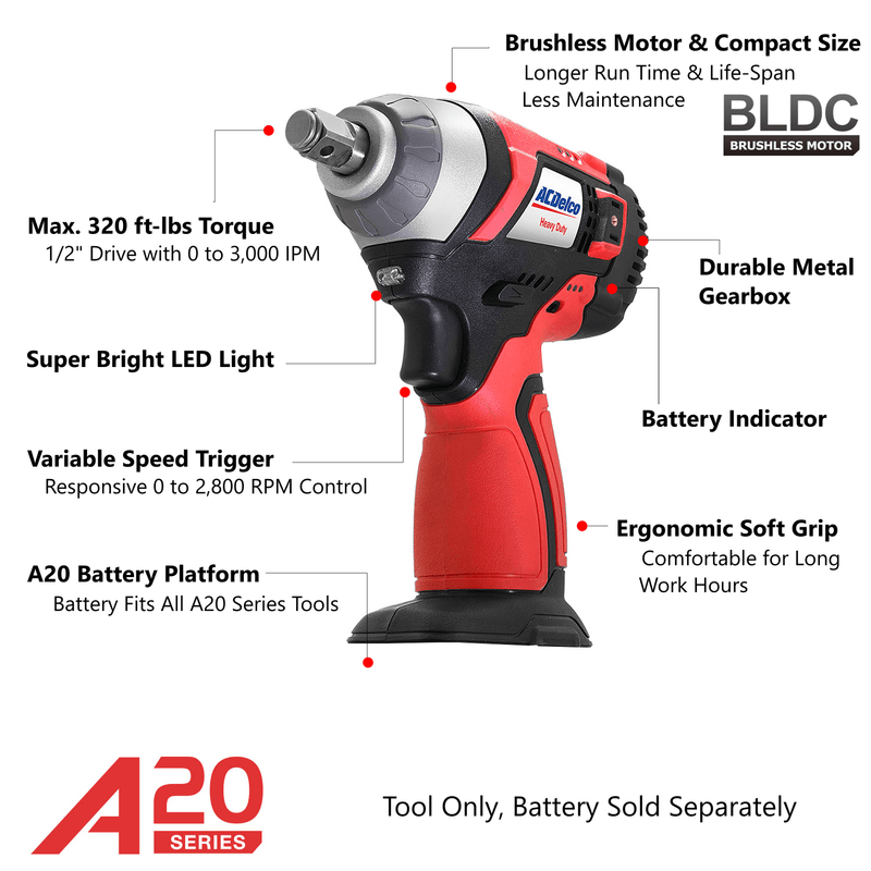 A20 series 20V Li-ion BRUSHLESS 1/2" Impact Wrench Bare Tool Image 3 - Durofix Tools