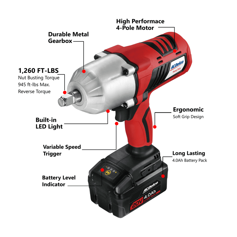 P20 Series 20V Cordless Li-ion 1/2" 1,260 ft-lbs. Heavy Duty Impact Wrench Tool Kit with Carrying Case