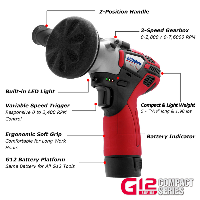 G12 Series 12V Cordless Li-ion 3" Mini Polisher, 3/8" Impact & Ratchet Wrench Combo Tool Kit with 2 Batteries