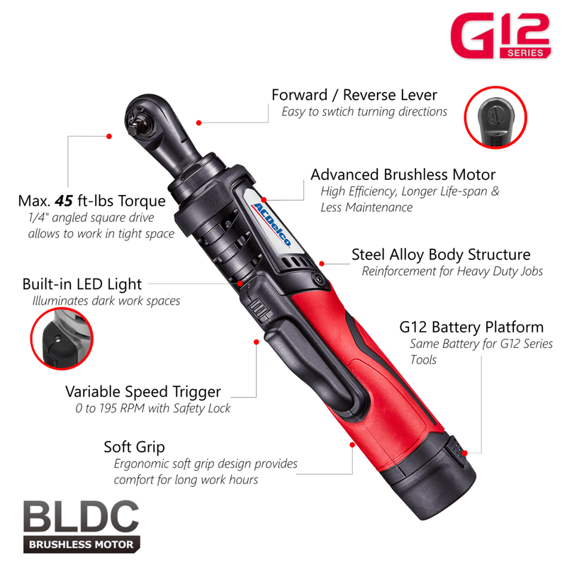 G12 Series 12V Cordless Li-ion 1/4" 45 ft-lbs. Brushless Ratchet Wrench Tool Kit with 2 Batteries Image 5 - Durofix Tools