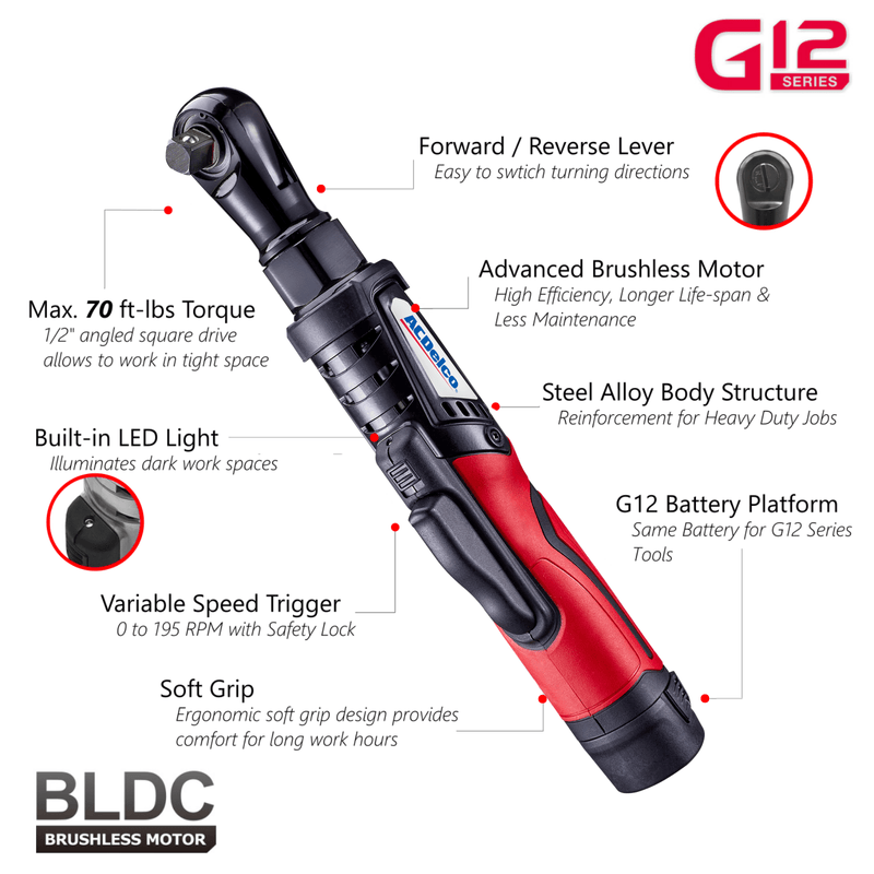 G12 Series 12V Cordless Li-ion 1/2" 70 ft-lbs. Brushless Ratchet Wrench Tool Kit with 2 Batteries Image 4 - Durofix Tools