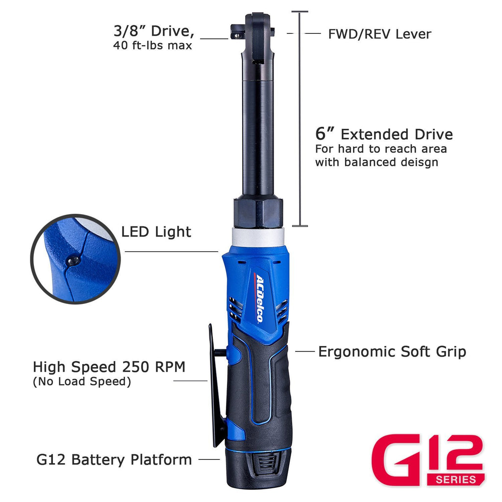 ACDelco ARW1209P G12 Series 12V Cordless 3/8" Ratchet Wrench Kit - 45 Ft-lbs Torque, 170 RPM, Includes Battery & Charger