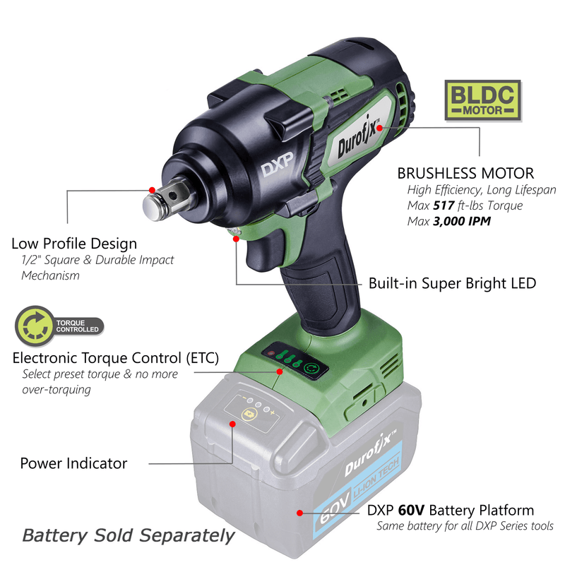 60V Cordless 1/2" Brushless Impact Wrench Kit Max 517 ft-lbs - Bare Tool Only Image 3 - Durofix Tools